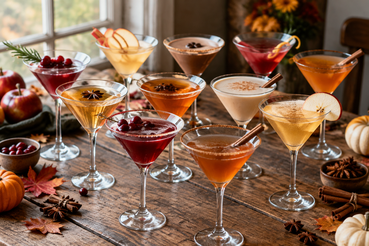 Assorted fall martinis with seasonal garnishes in a cozy setting showcasing the best fall martinis