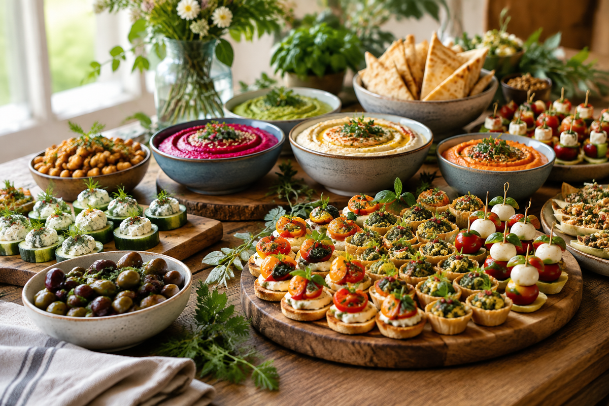 Elegant party food table with assorted bite-sized appetizers and colorful dips showcasing party food table ideas
