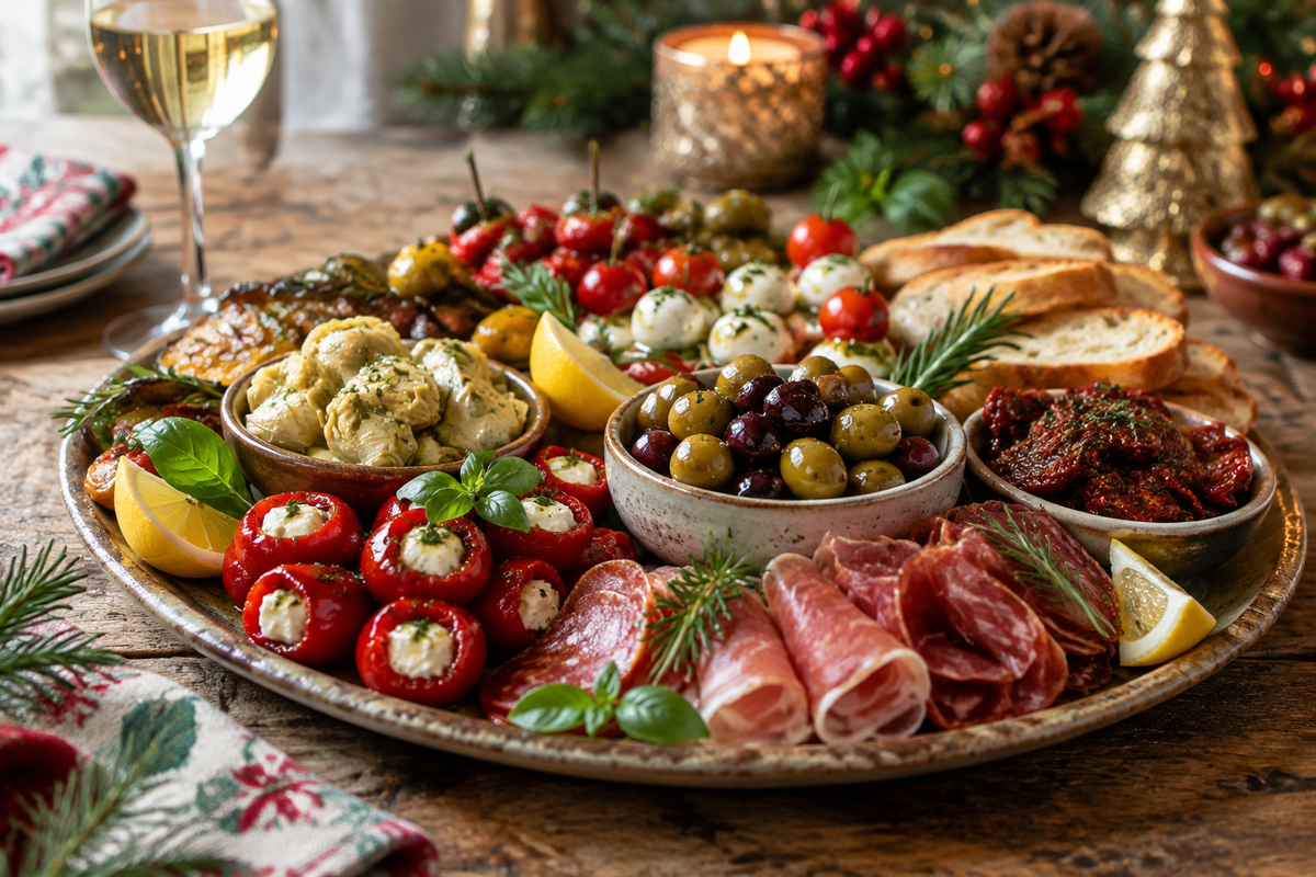 Assorted Italian Christmas appetizers on platter showcasing italian christmas appetizers with fresh herbs and vibrant colors