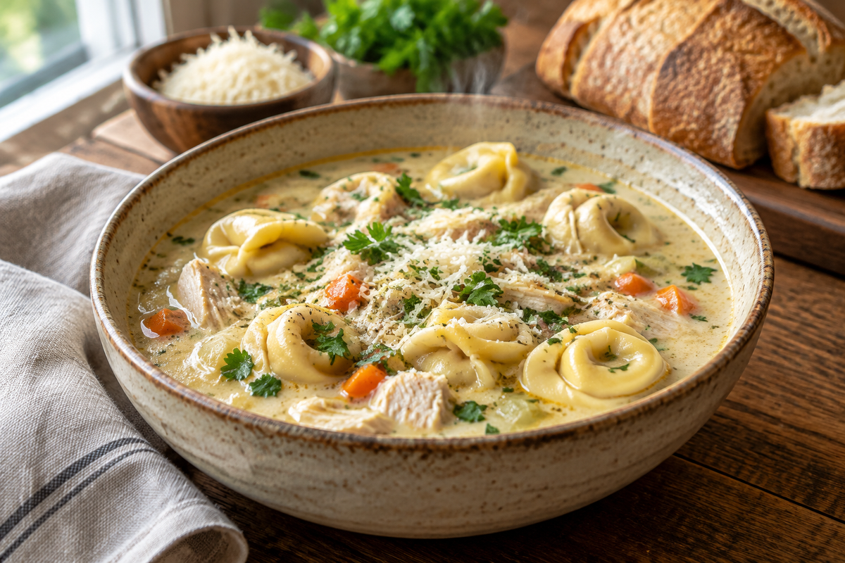Creamy chicken tortellini soup in rustic bowl garnished with parsley and Parmesan