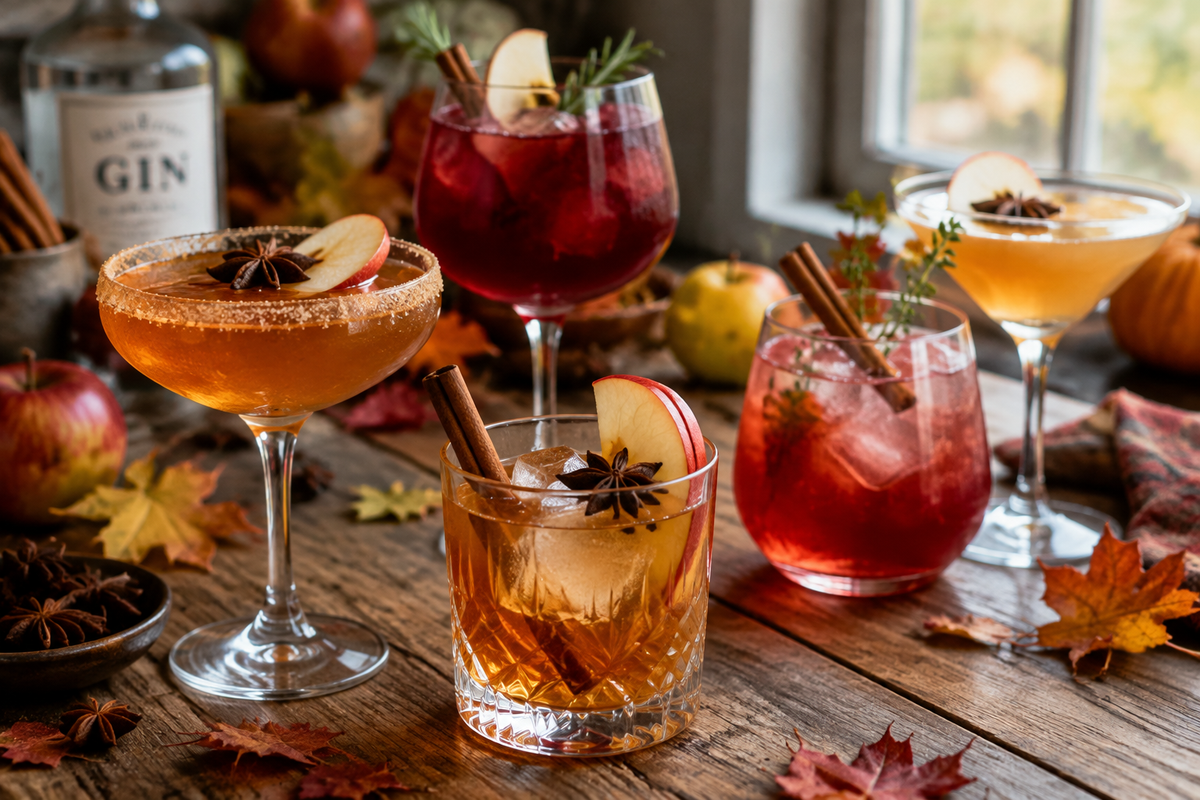 Selection of fall gin cocktails styled with seasonal garnishes in natural light featuring fall gin cocktails
