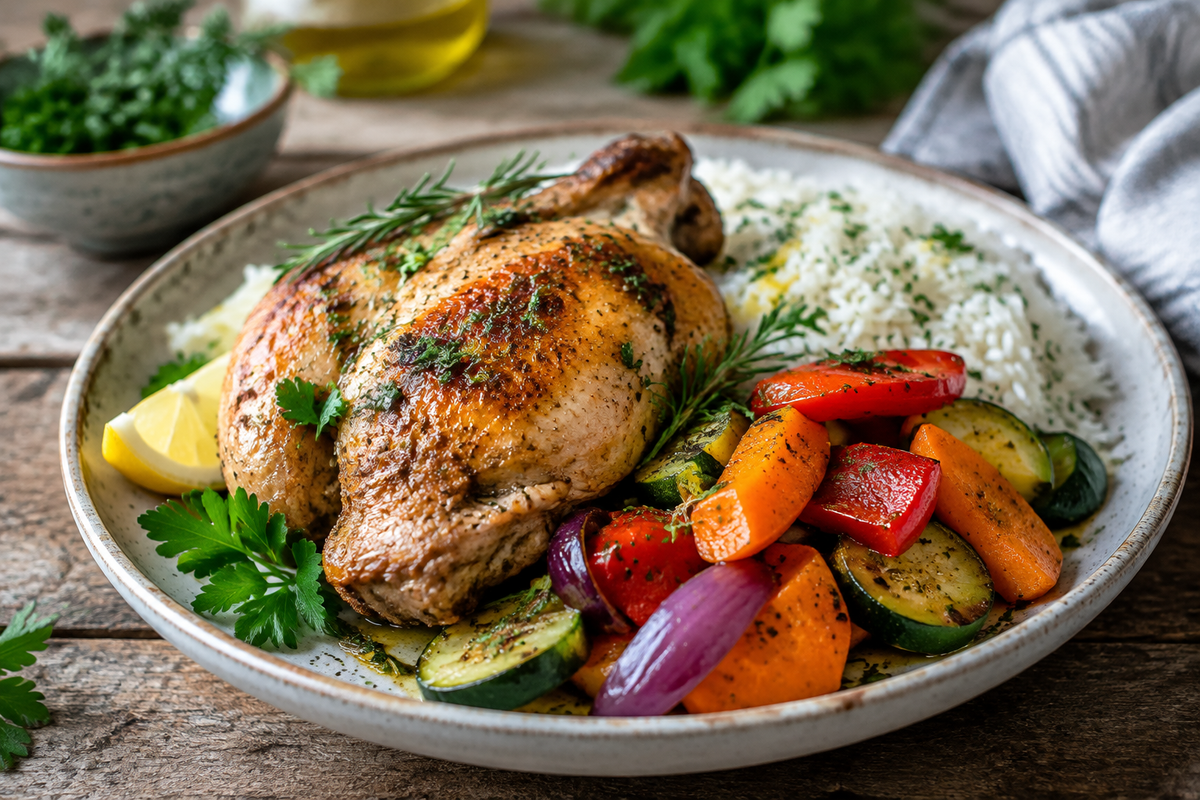 Delicious rotisserie chicken meals plated with vegetables and rice, showcasing rotisserie chicken meals