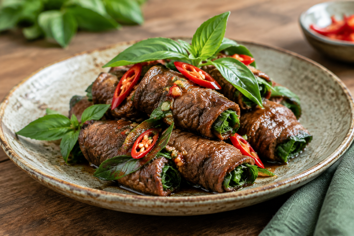 Close-up of Thai basil beef rolls garnished with fresh basil and chili, showcasing the thai basil beef rolls dish