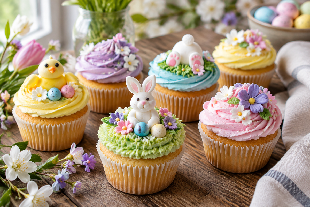 Colorful cute Easter cupcake ideas decorated with pastel frosting and festive spring-themed toppings