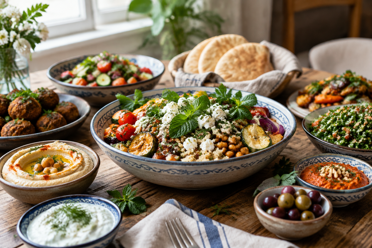 A colorful spread of dishes representing different potluck themes garnished with fresh herbs