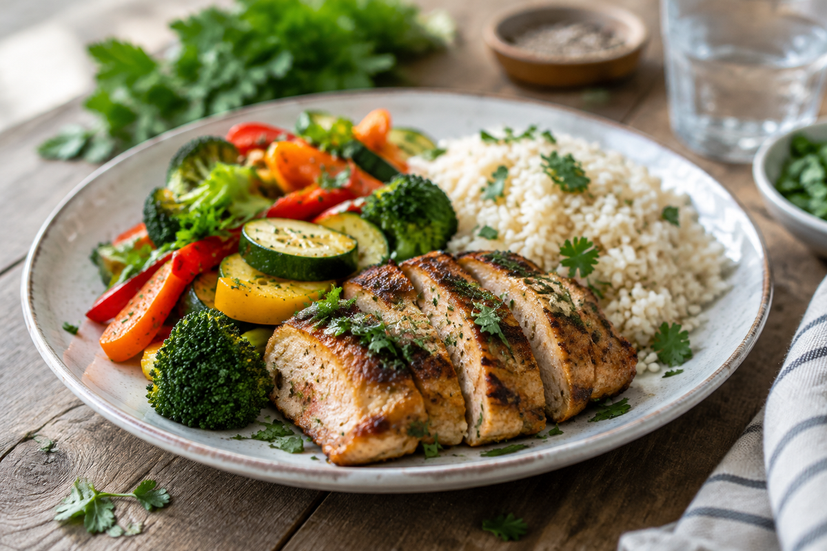 Colorful family meals easy dinner plate with meat, vegetables, and rice garnished with fresh herbs