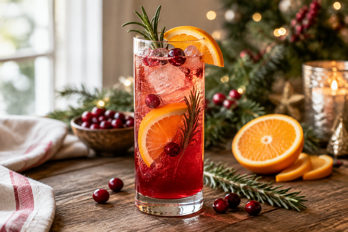 Festive new years mocktails in glasses garnished with rosemary and orange slices showcasing new years mocktails