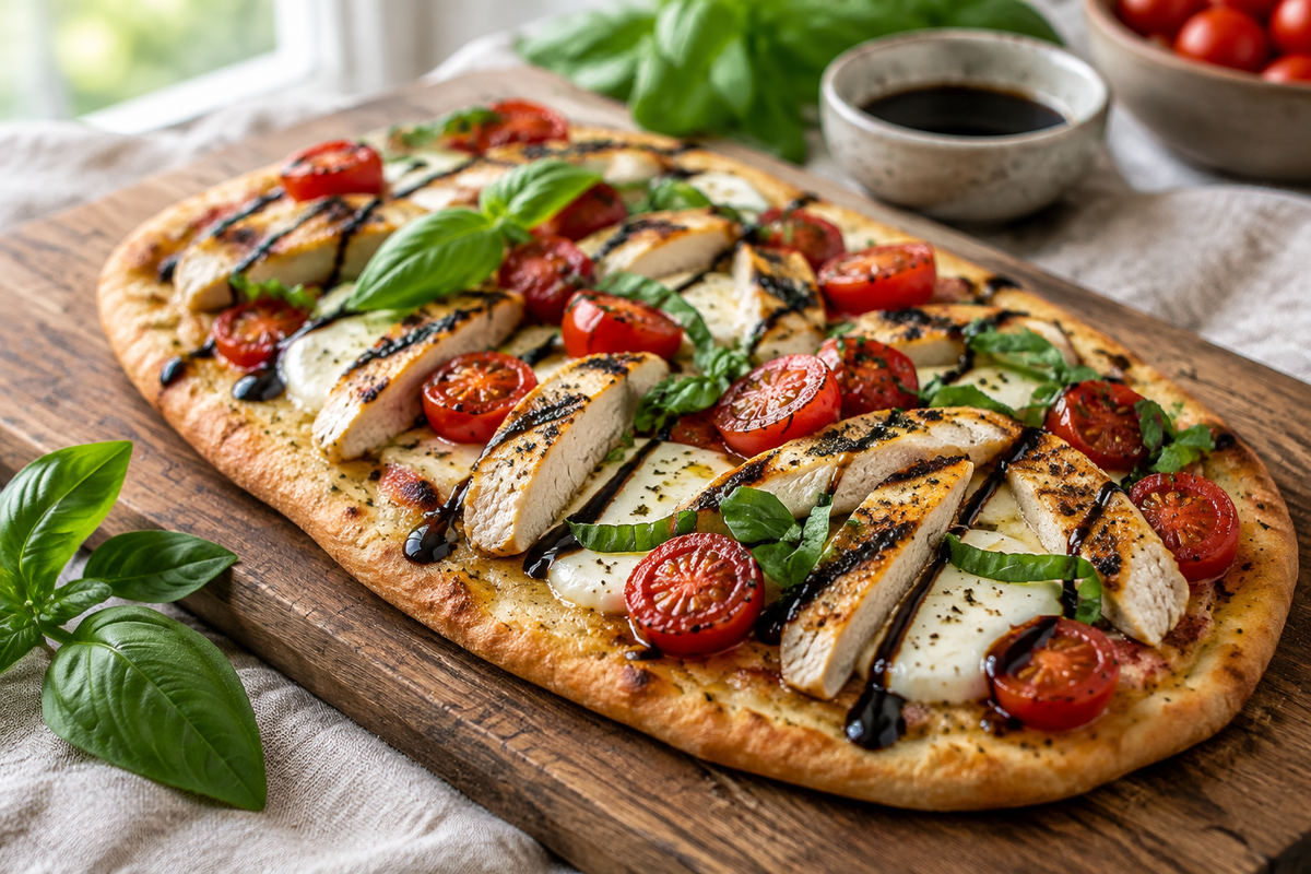 Chicken caprese flatbread topped with fresh mozzarella, basil, and grilled chicken in natural light