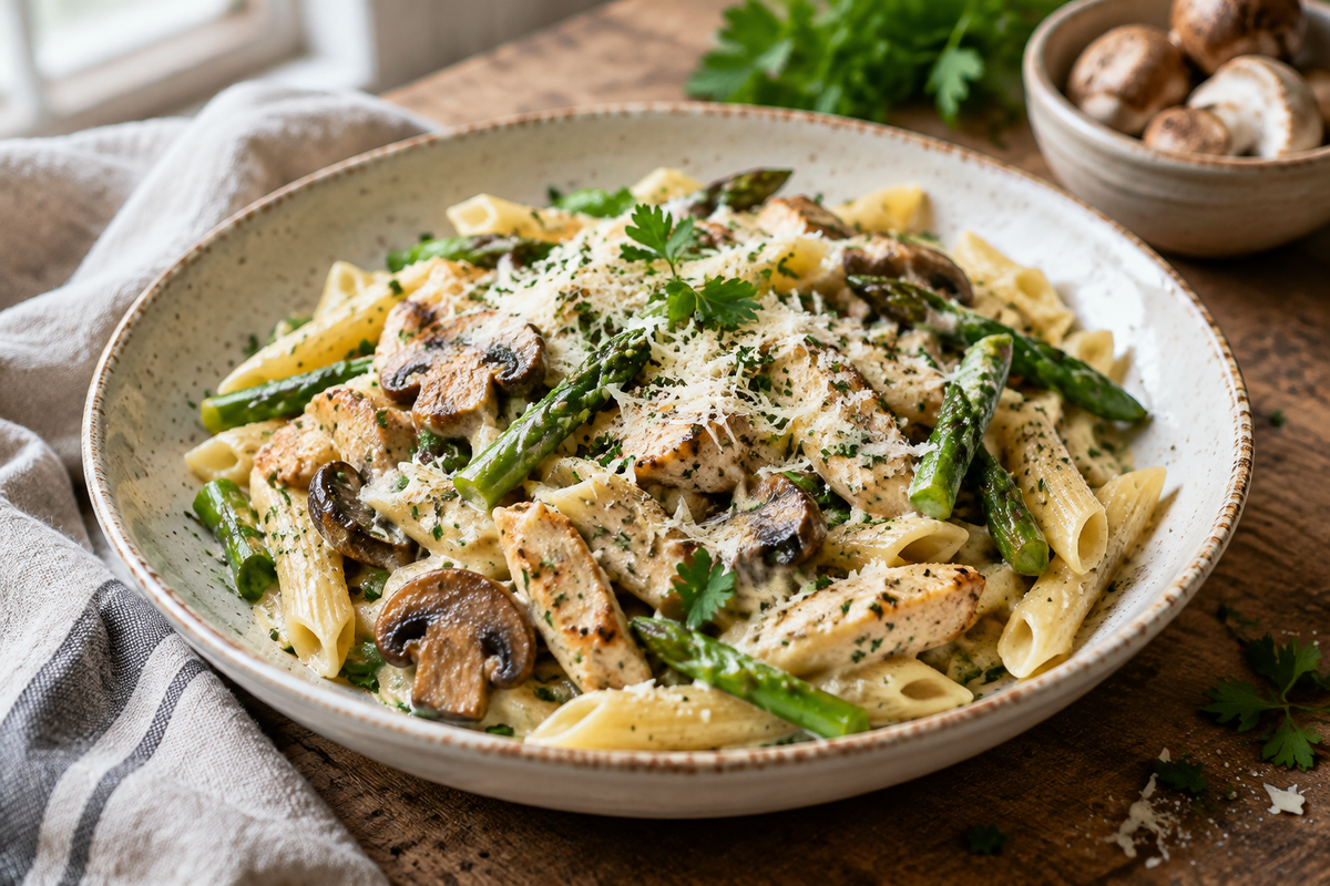 Creamy mushroom chicken penne with asparagus served on a rustic plate with parsley garnish