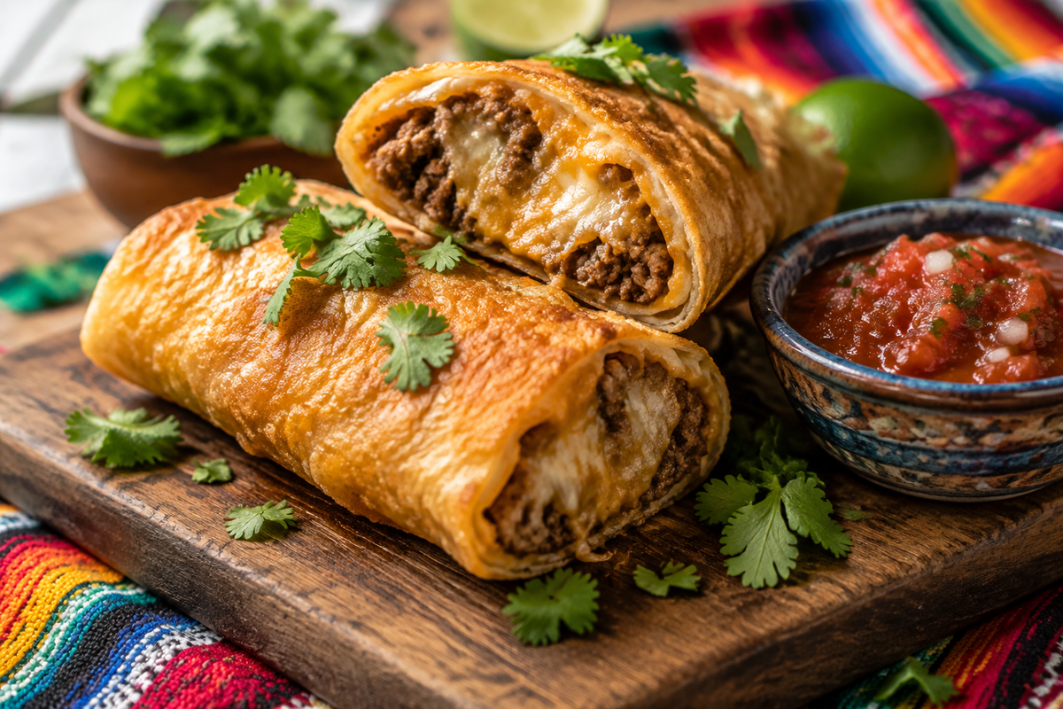 Plate of crispy beef chimichangas garnished with cilantro and salsa, showcasing the melted cheese and golden crispy exterior