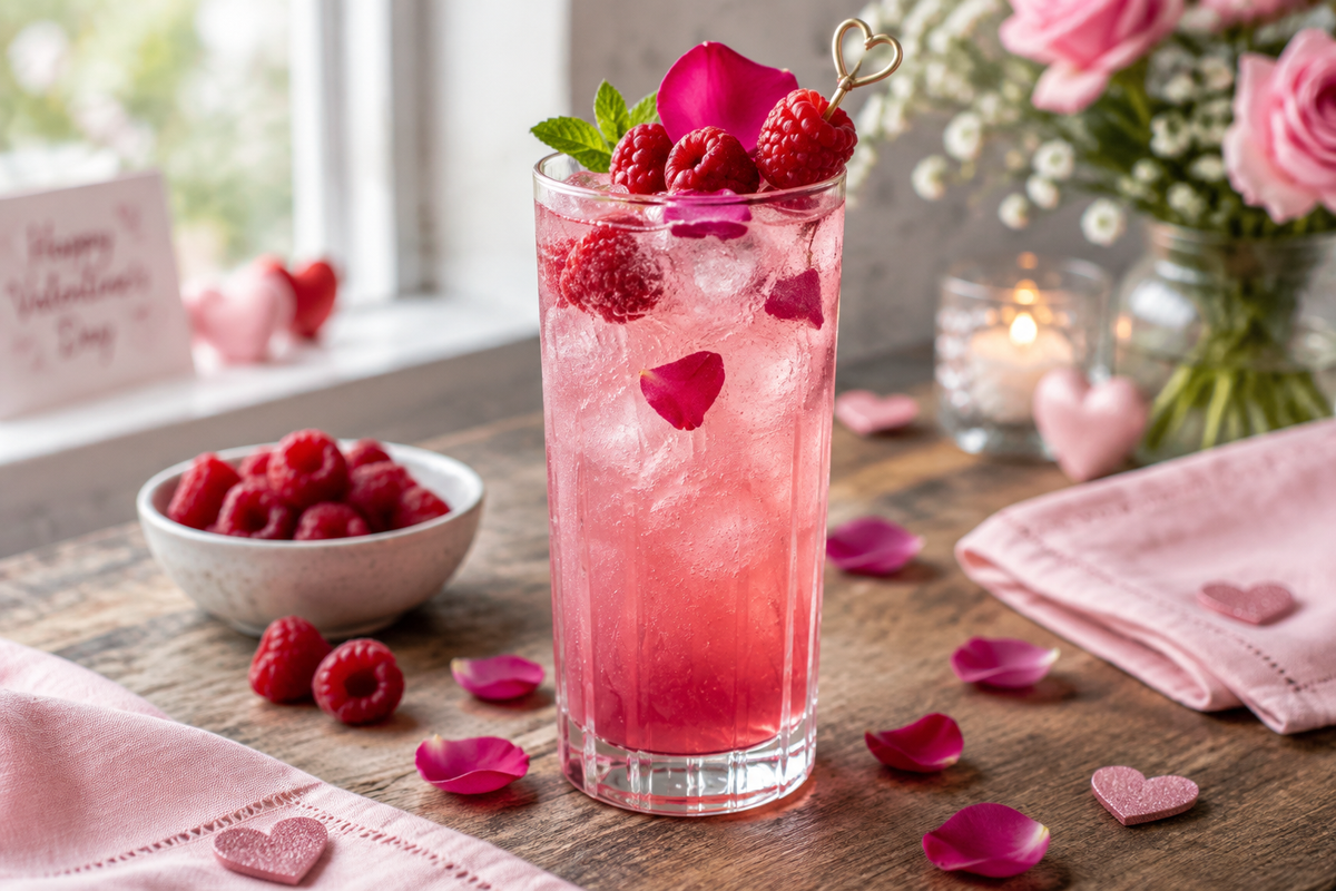 Pink Valentine’s Day mocktail with raspberries and rose petals garnish on rustic surface