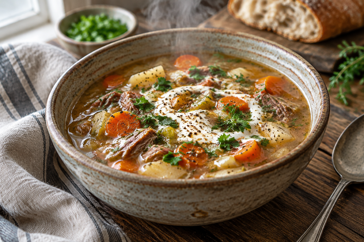 Hearty crockpot winter soup in rustic bowl garnished with herbs, showing crockpot winter soup