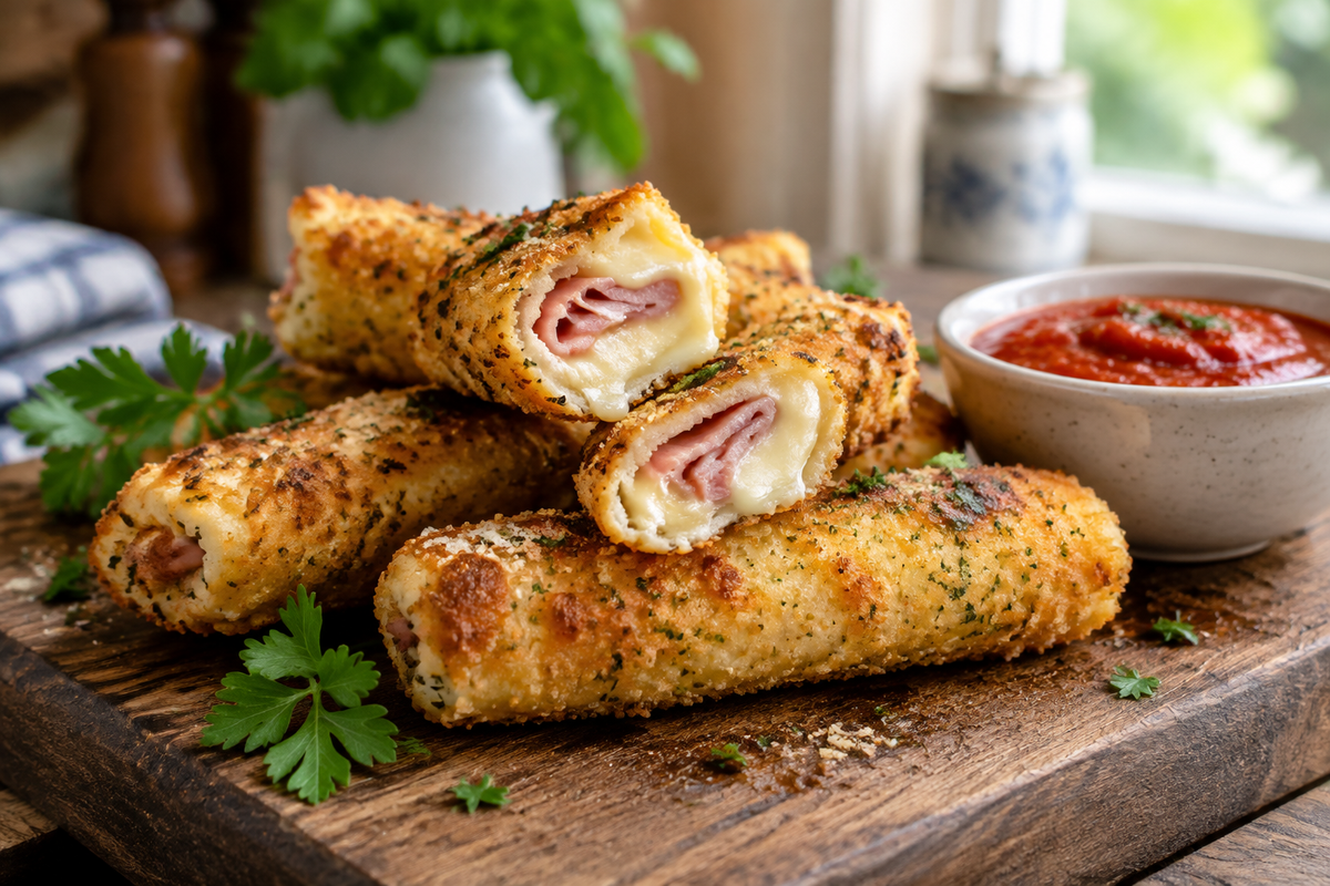 Golden baked ham cheese sticks on wooden board with parsley garnish and dipping sauce
