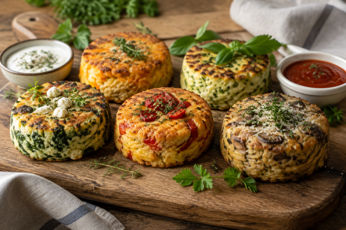Five savory cakes arranged on a rustic board with herbs and sauces, showcasing delicious savory cakes
