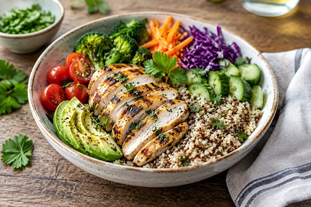 Low calorie high protein meals with grilled chicken and quinoa in a rustic bowl, garnished with fresh herbs