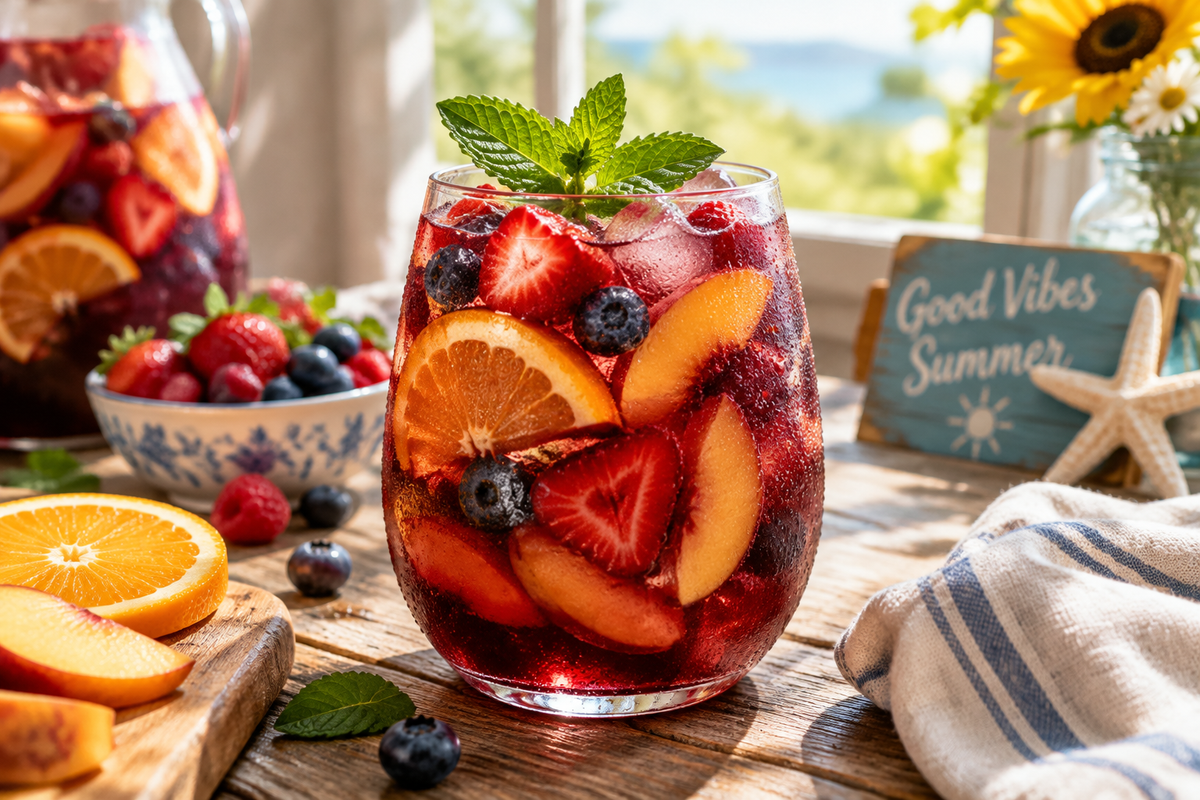 Glass of refreshing summer sangria with fresh fruit and mint garnish on wooden table