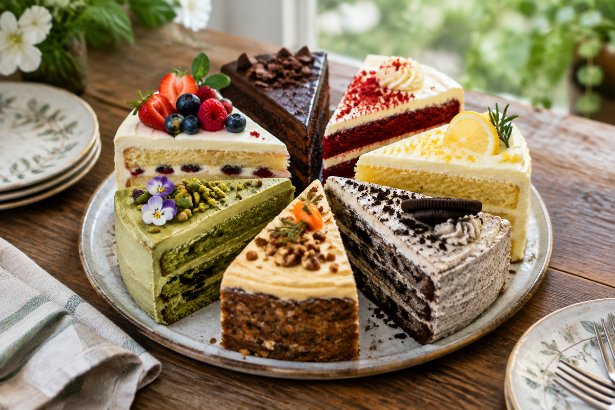 A vibrant assortment of 7 unique cake flavors arranged on plates showcasing colorful layers and garnishes