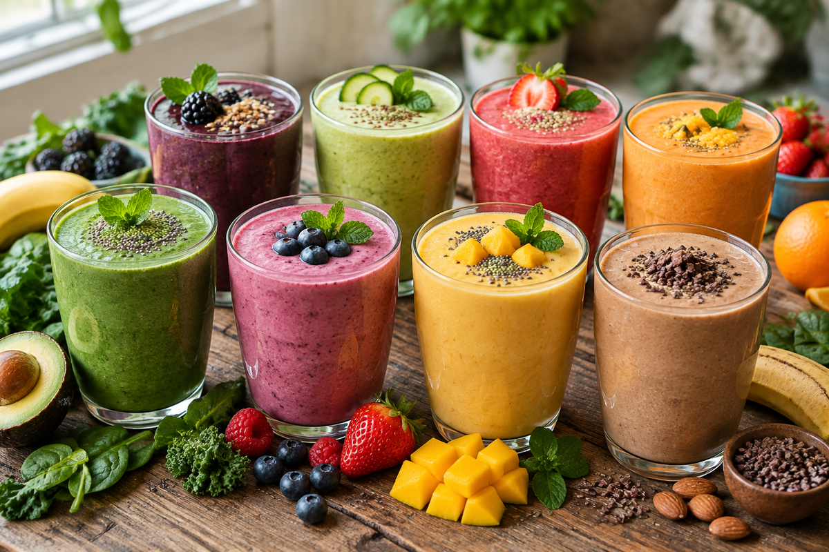 Eight colorful healthy smoothie recipes in glasses with fresh fruit and greens