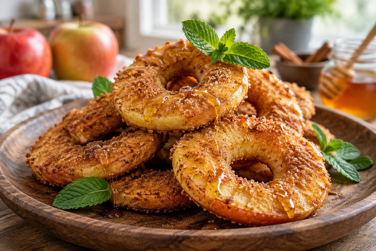 Golden crispy air fryer cinnamon apple rings stacked on a wooden plate with a hint of honey drizzle and mint garnish