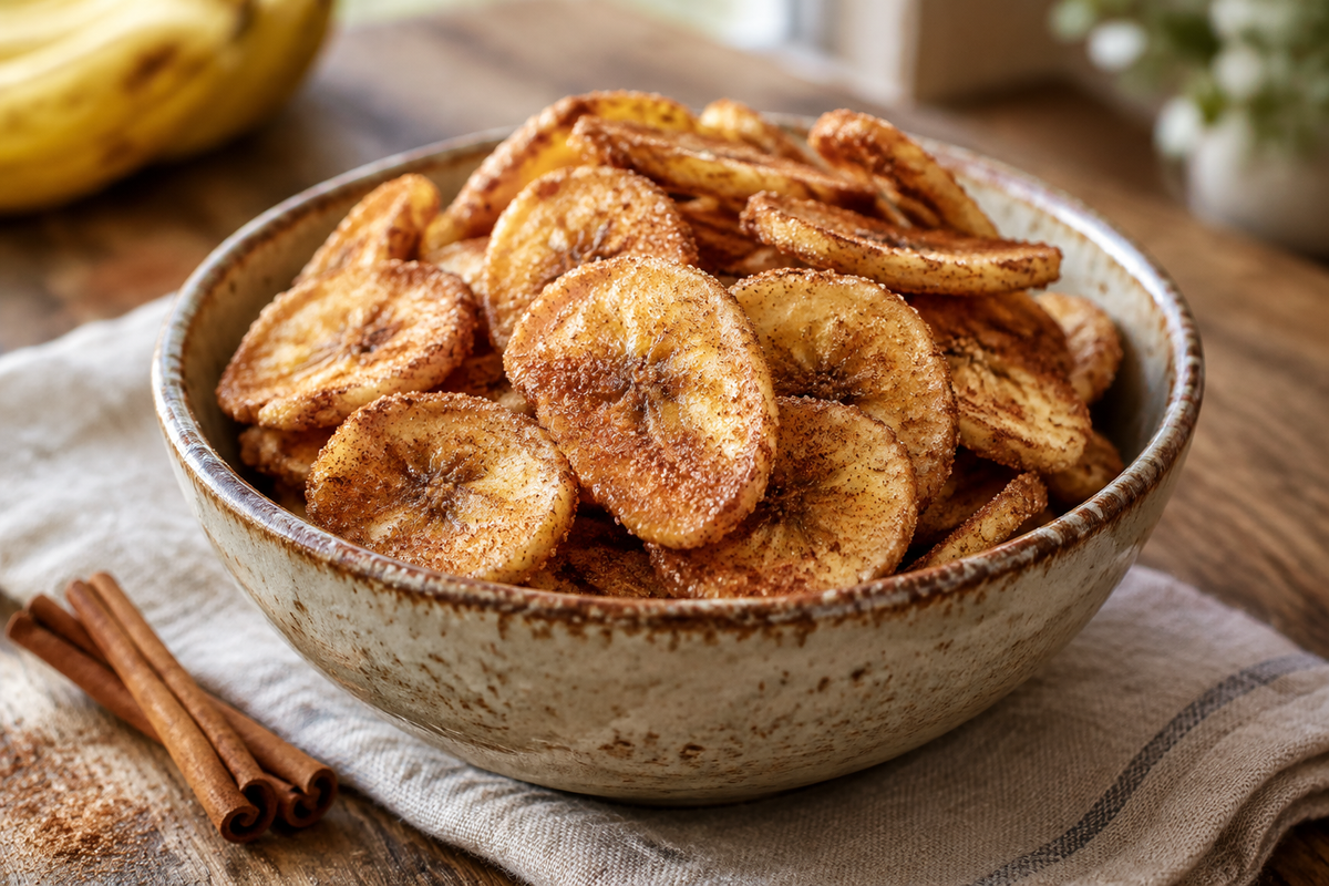 crispy cinnamon banana chips in bowl with cinnamon sugar dusting, cinnamon banana chips snack