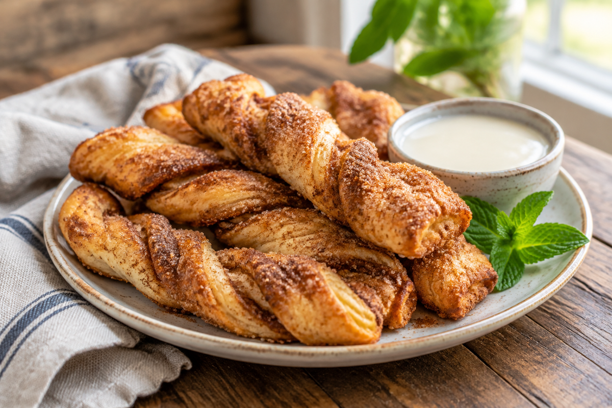 Golden crispy air fryer cinnamon twists coated in cinnamon sugar served with vanilla glaze