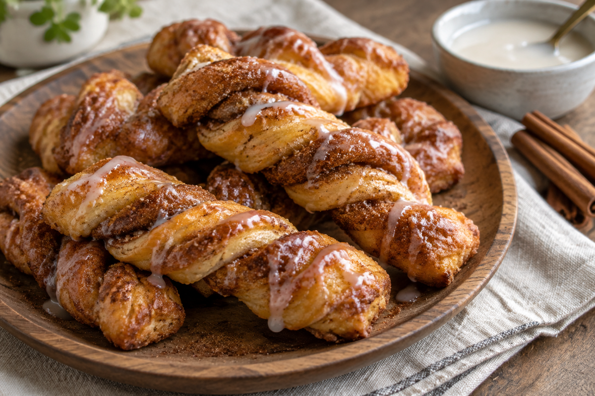 Golden air fryer cinnamon twists dusted with cinnamon sugar on a rustic wooden plate