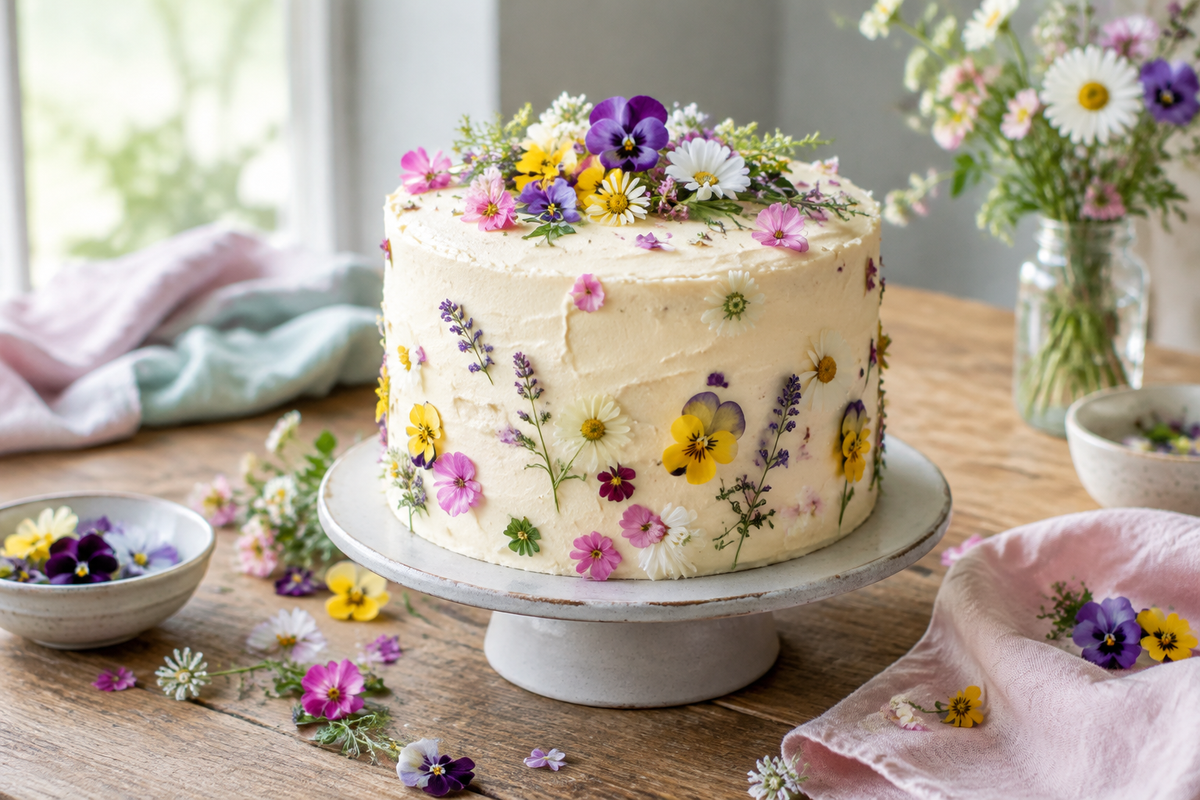 Airy floral cake decorated with edible flowers, perfect for spring and summer queens