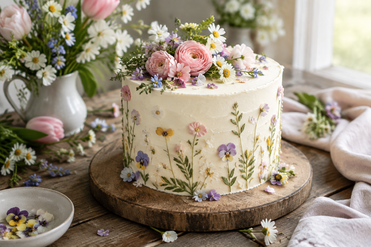 Airy floral cake with delicate pastel flower decorations, perfect airy floral cake for spring and summer
