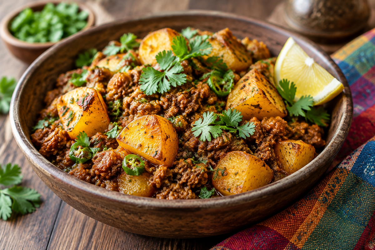 Aloo keema ground meat with potatoes garnished with cilantro and lemon wedge, crisp tastes