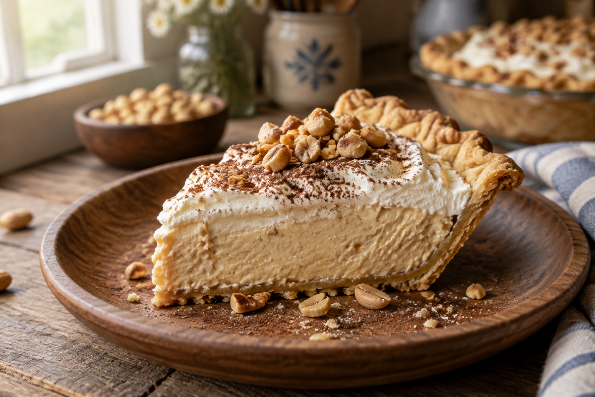 Slice of Amish peanut butter pie with creamy filling and golden crust garnished with chopped peanuts