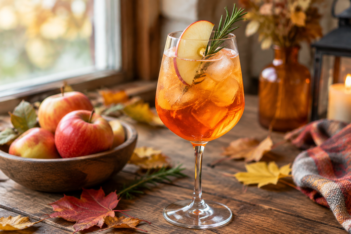 Apple cider Aperol spritz cocktail garnished with apple slice and rosemary, showcasing the refreshing apple cider Aperol spritz