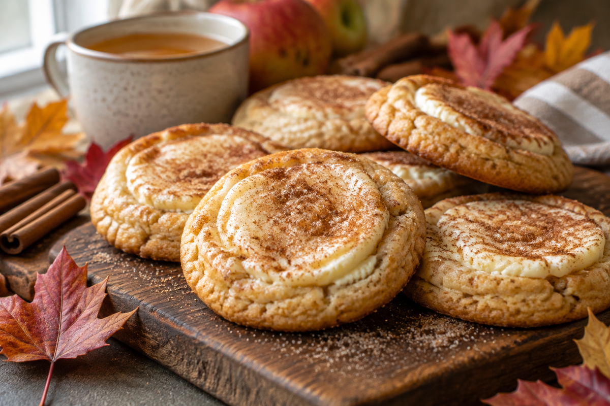 Apple cider cheesecake cookies with creamy centers and warm spices on rustic board, apple cider cheesecake cookies