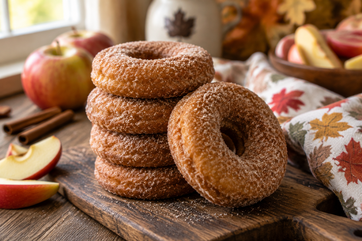 Fresh apple cider donuts dusted with cinnamon sugar on a rustic wooden board