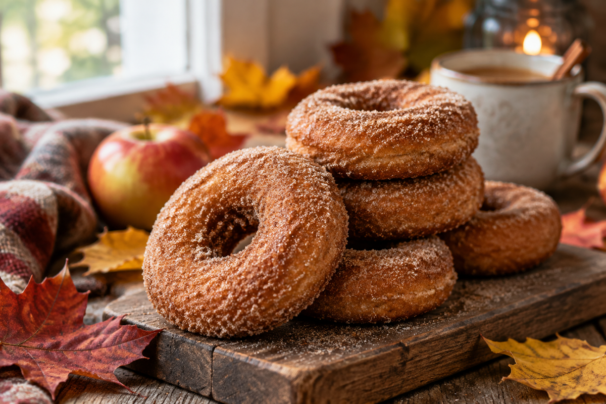 Freshly made apple cider donuts dusted with cinnamon sugar on a rustic board, showcasing apple cider donuts