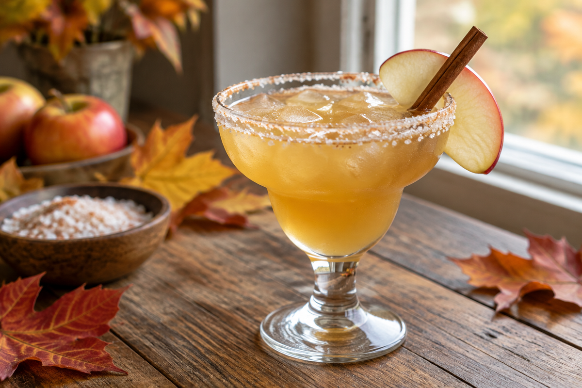 Glass of apple cider margarita garnished with apple slice and cinnamon stick, showcasing the apple cider margarita