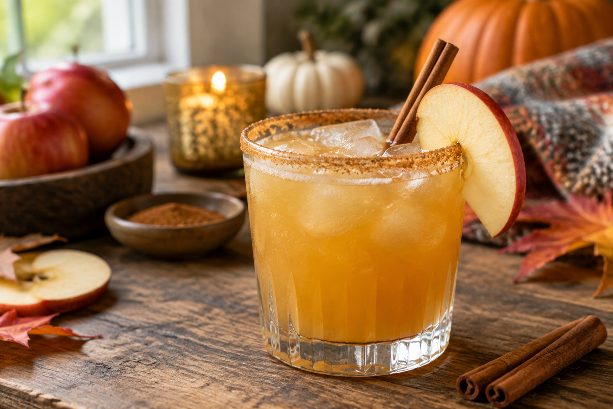 Glass of apple cider margarita garnished with cinnamon stick and apple slice on wooden table
