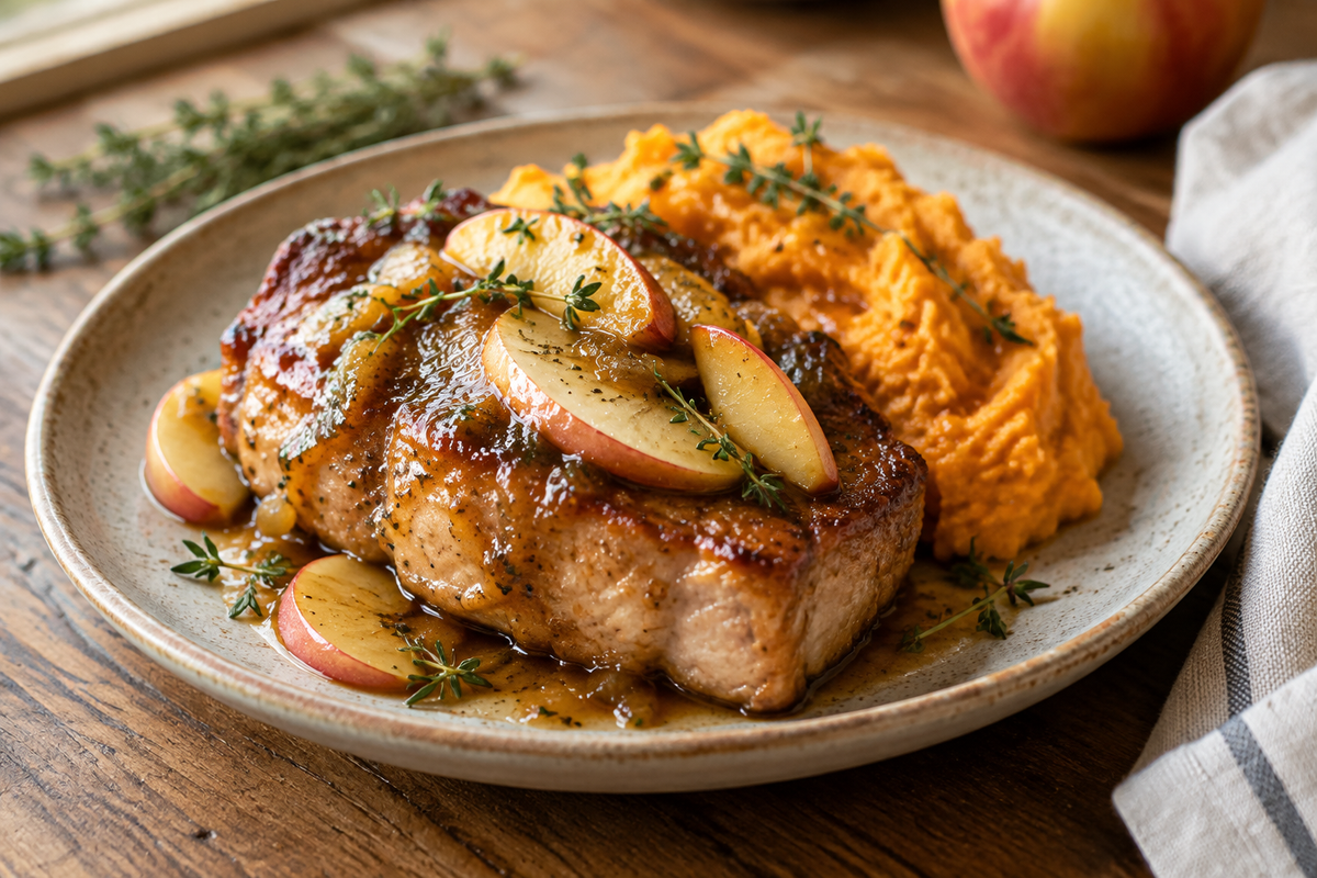 Apple cider pork with mashed sweet potatoes garnished with fresh thyme and sliced apples, showcasing apple cider pork