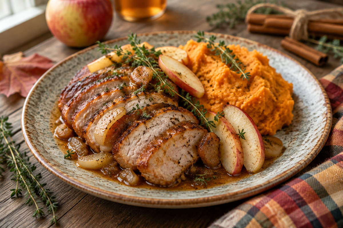 Apple cider pork with mashed sweet potatoes garnished with thyme and apple slices on rustic plate