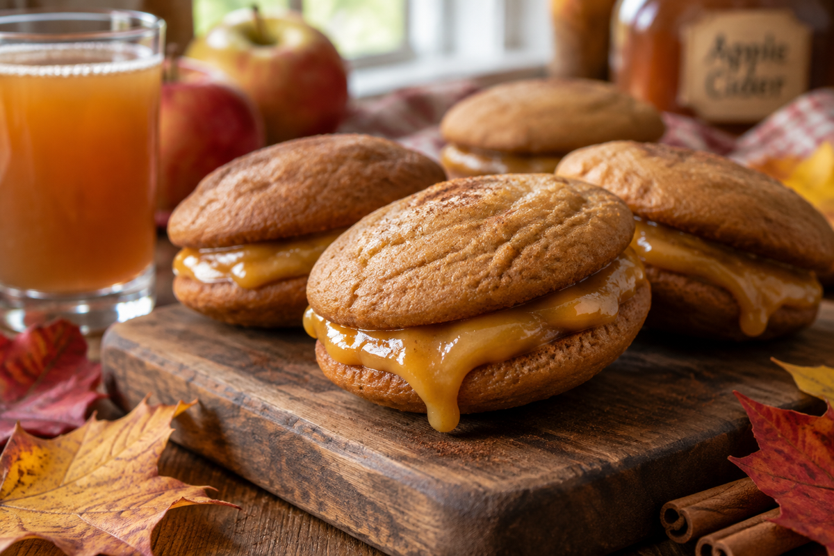 Apple cider whoopie pie cookies with caramel filling on rustic board, autumn setting