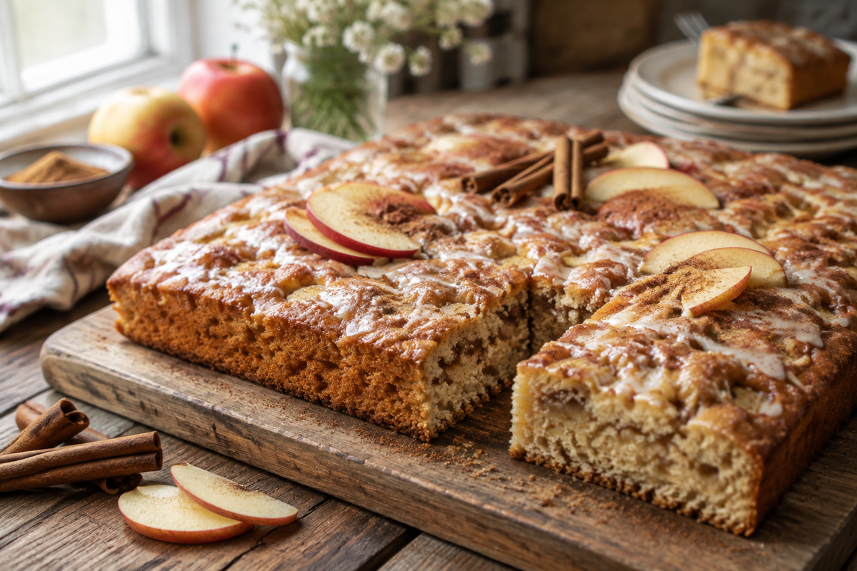 Apple cinnamon sheet cake with cinnamon sticks and apple slices, showcasing the apple cinnamon sheet cake texture