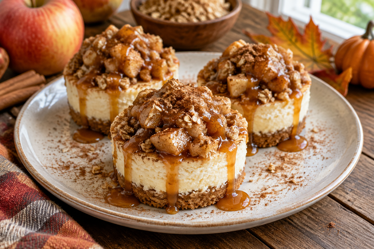 Apple crisp mini cheesecakes topped with cinnamon and caramel, served on a rustic plate