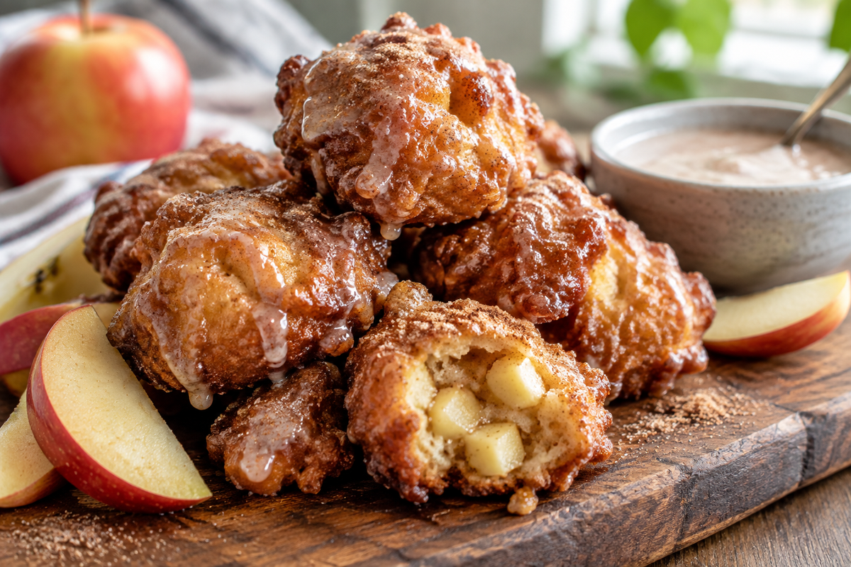 Golden apple fritter bites with cinnamon sugar glaze, perfect sweet snacks for dessert