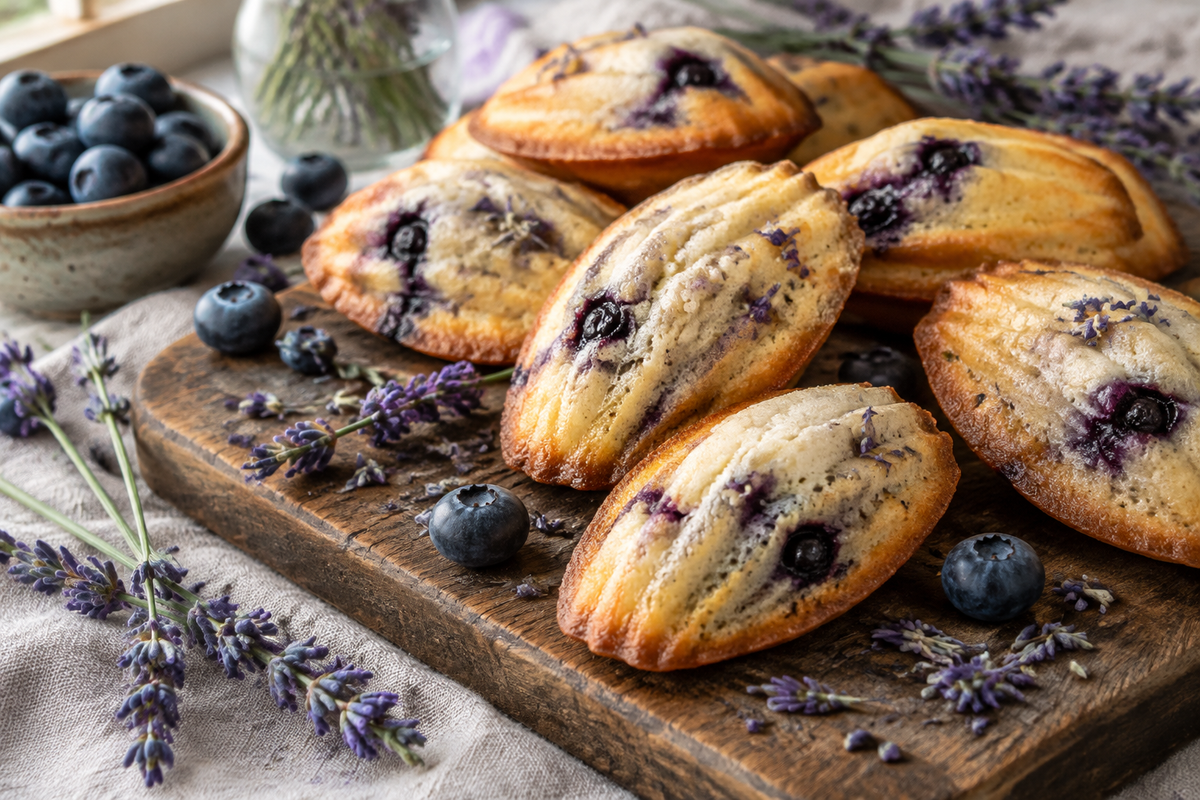 Aromatic blueberry lavender madeleines vegan golden baked sweet bites with fresh lavender garnish
