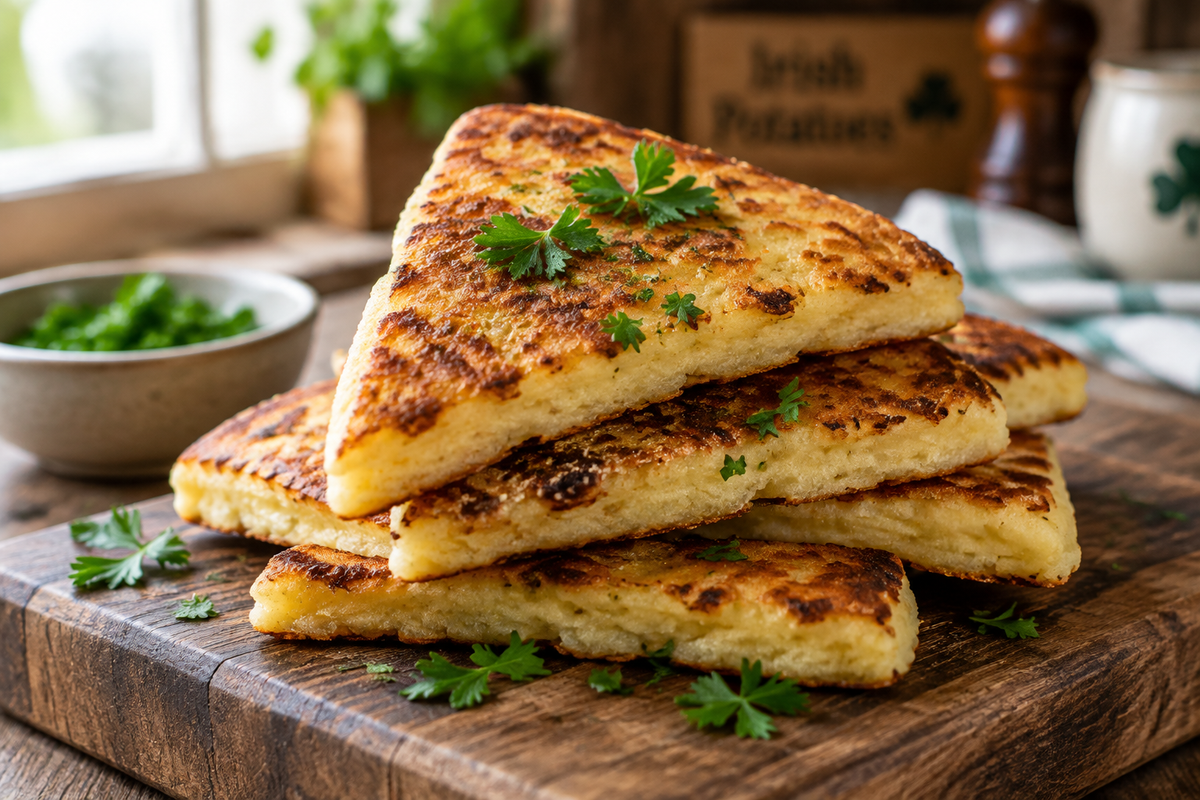 Authentic Irish potato farls stacked with crispy golden edges and fresh parsley garnish