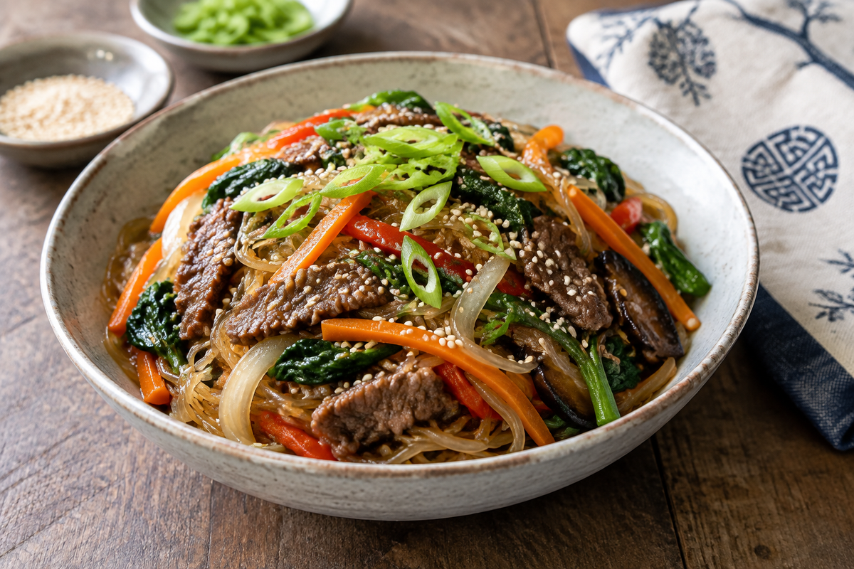 Authentic Korean japchae noodles with stir-fried glass noodles, vegetables, and beef garnished with sesame seeds