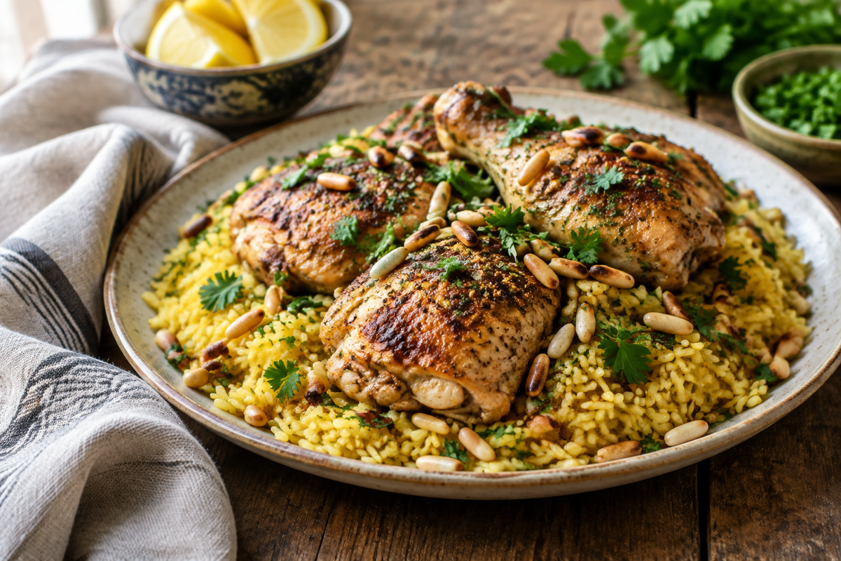 Delicious Lebanese chicken recipe served with rice and pine nuts, garnished with parsley