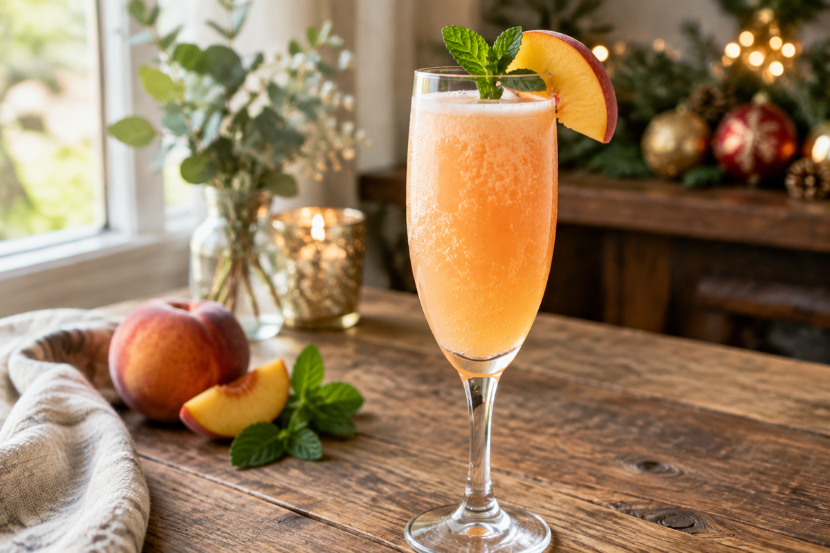 Baby bellini mocktail in a clear glass garnished with peach slice and mint, festive non-alcoholic drink