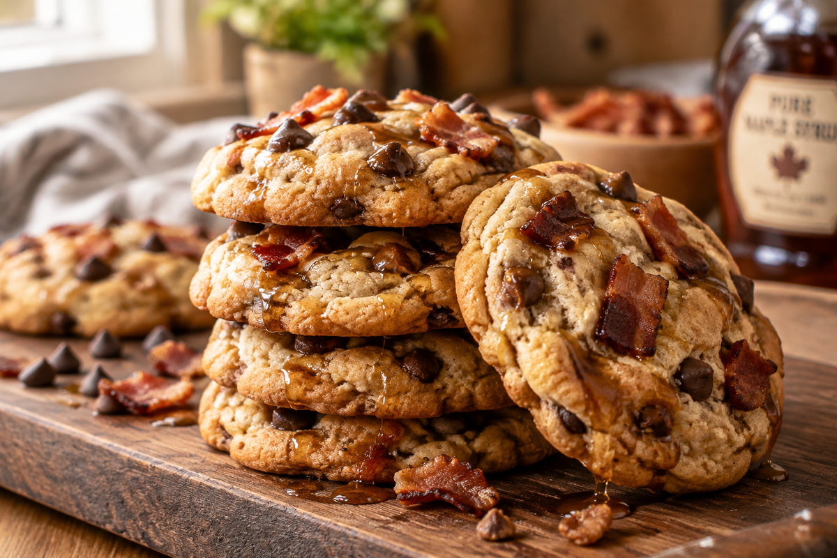 Bacon maple cookies stacked on rustic board with visible bacon bits and maple drizzle, bacon maple cookies