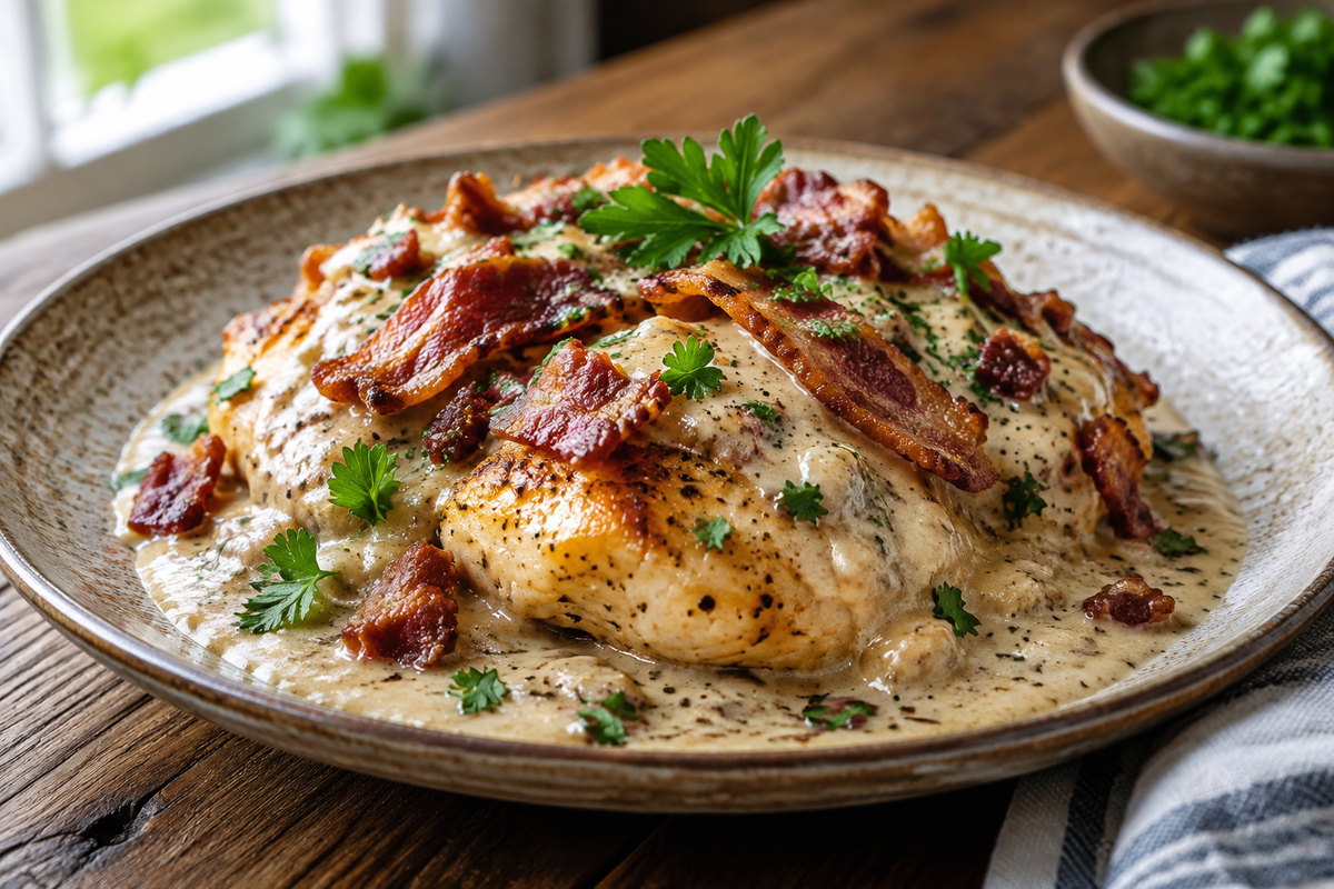 Plate of bacon gravy chicken smothered in creamy gravy with crispy bacon and parsley garnish