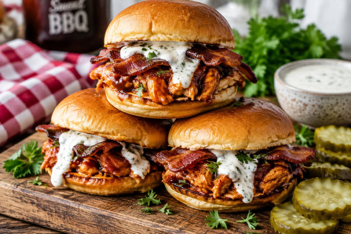 Bacon ranch bbq chicken sliders stacked with bacon and ranch sauce on a rustic board